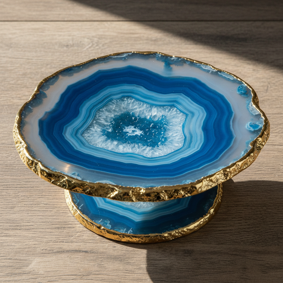 Fruteira de Ágata Azul Natural com Pedestal Dourado